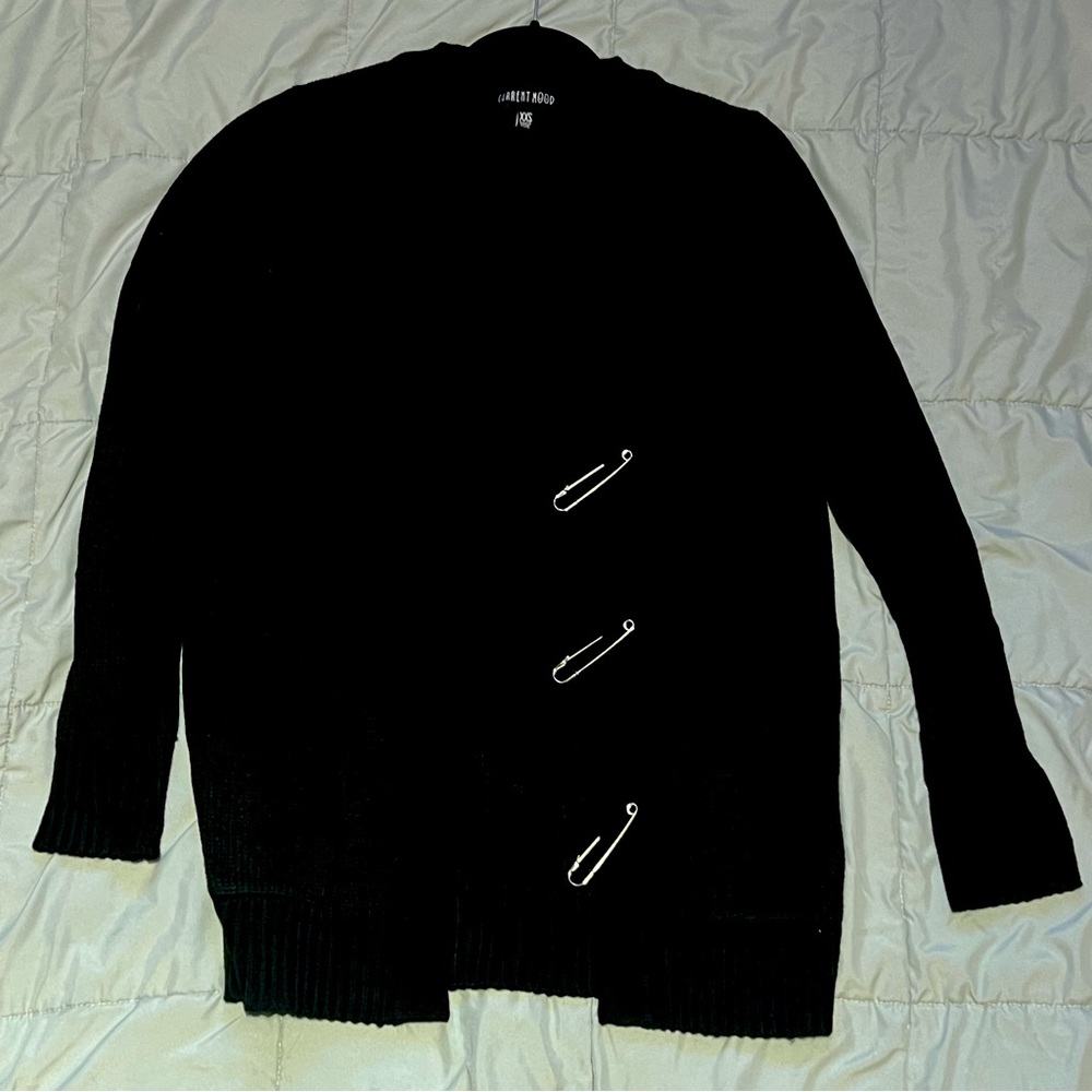 Current Mood (Dolls Kill) Black Cardigan with Safety Pin Accents